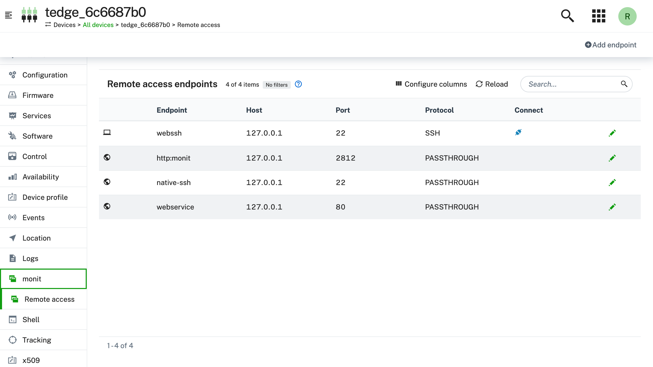 Cumulocity remote access endpoint list