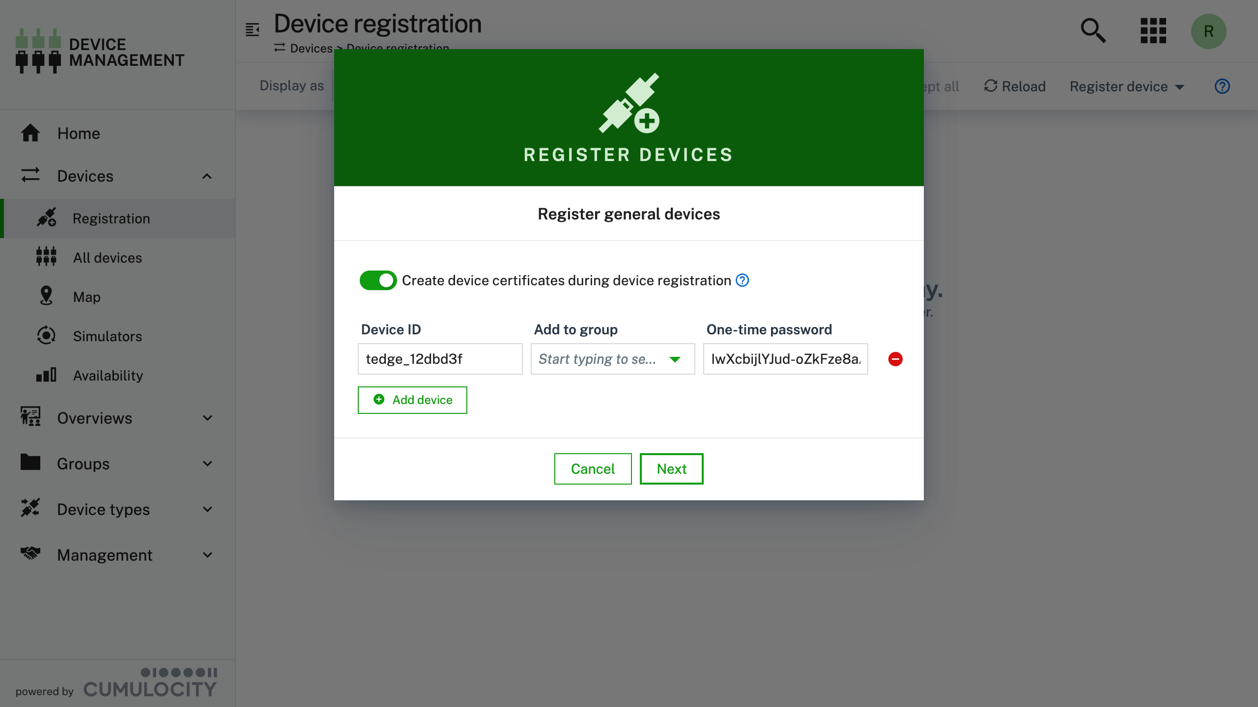 Register device form